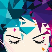 Illustration of woman with eyes closed, her head covered with colorful triangular shapes