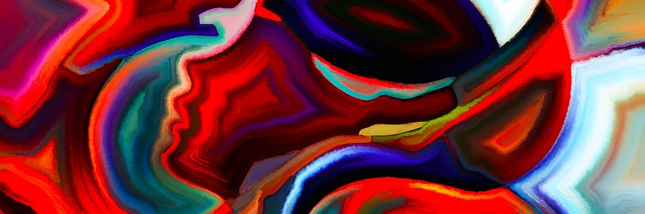a painting of a woman in swirling different colors