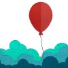 Red balloon flying on a cloud.