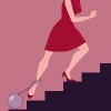 a woman walking up the stairs with a heavy ball shackled to her ankle.