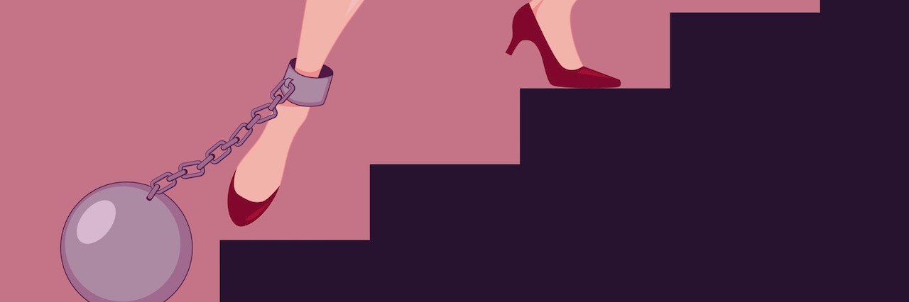 Uncontrollable Anxiety Makes You Feel Trapped a woman walking up the stairs with a heavy ball shackled to her ankle.