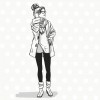 Young fashionable slender girl in autumn coat and boots. Comics sketch style. Black and white hand drawing.