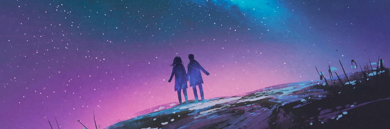 The Difference Between Pity and Empathy When It Comes to My Illness young couple standing holding hands against the Milky Way galaxy,illustration painting