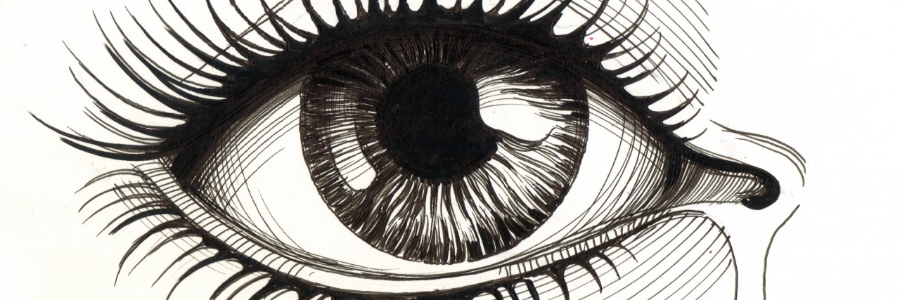 Hand drawn illustration of an eye with tear. Ink on paper sketch.