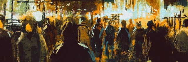 painting of city street at night with people shopping