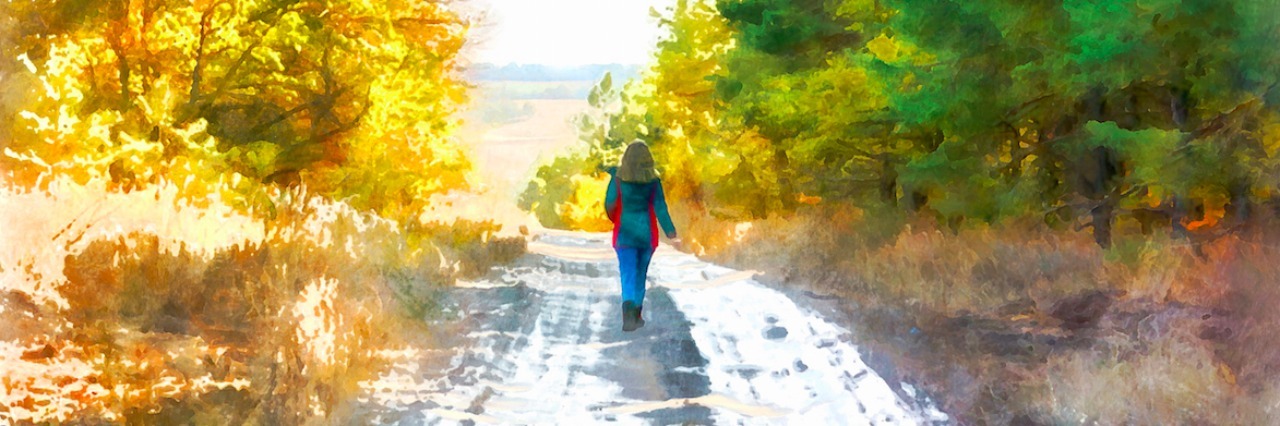 Watercolor oil illustration girl walking along the road through the forest.