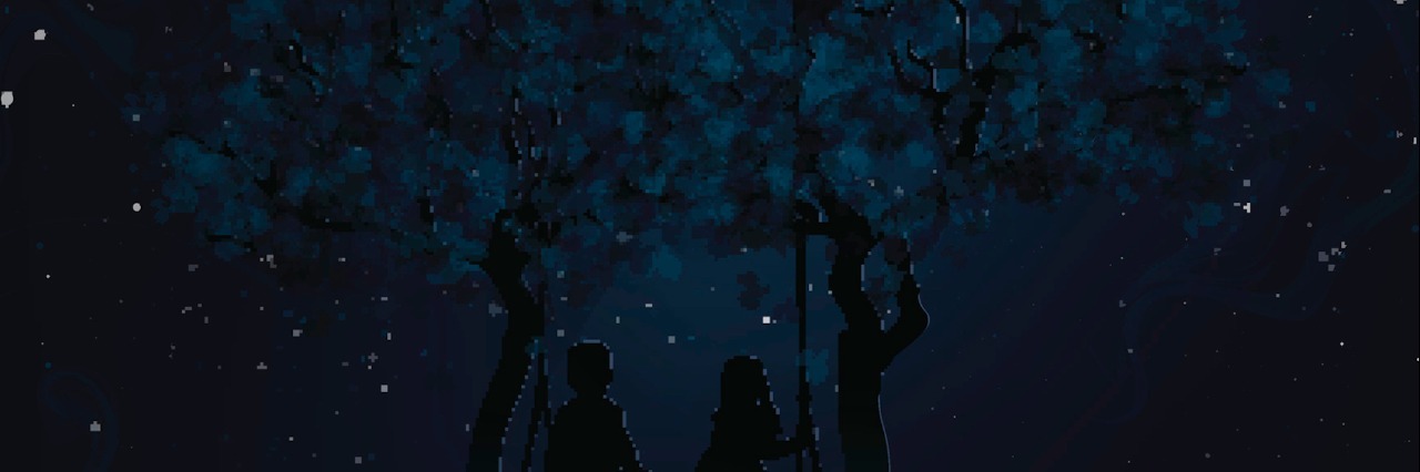Thank-You Letter to Supportive Friends of Someone With Depression Illustration of two people on a swing under a tree at night with stars in the sky