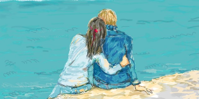 Young couple sitting together on a sea shore, hand drawn illustration about love and people relationship