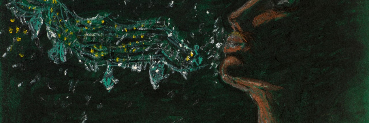 What Stuttering Feels Like for Me hand drawn chalk illustration of woman with dots anad lines coming out of her mouth