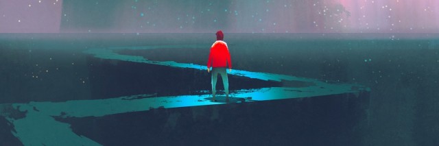 man on winding road to the big tree