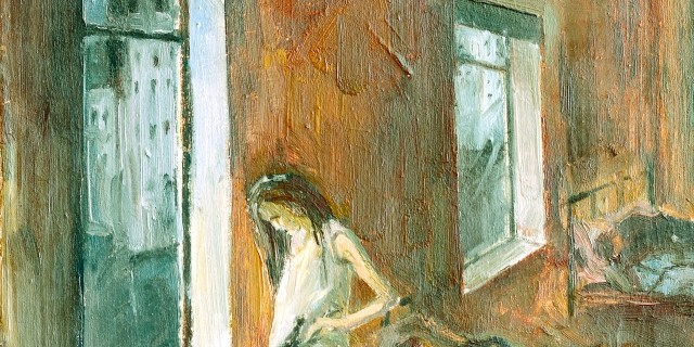 Sketch of the painting brush and oil.Girl in an orphanage