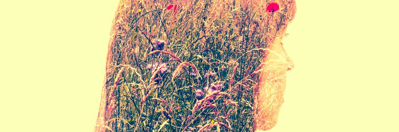 Letter to Girl on the Ledge Thinking of Killing Herself Double exposure a business woman with meadow inside.