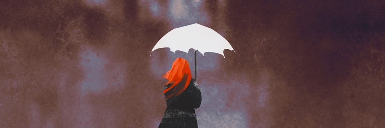 Seizure Disorder: What You Should Know About a PNES Diagnosis Illustration of woman holding umbrella, standing against stormy city landscape