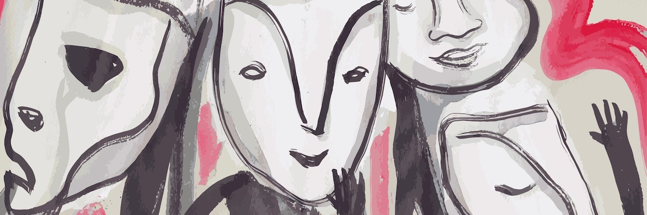 The Difference Between How I Look and Feel Hand drawn vector illustration or drawing of some people with masks