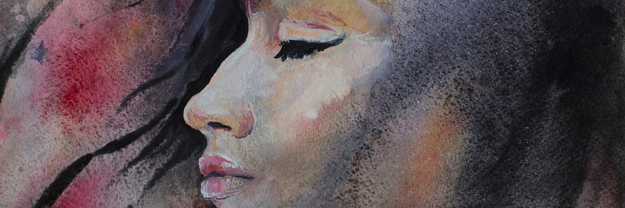Watercolor portrait of a girl in profile with her eyes closed on a colorful background