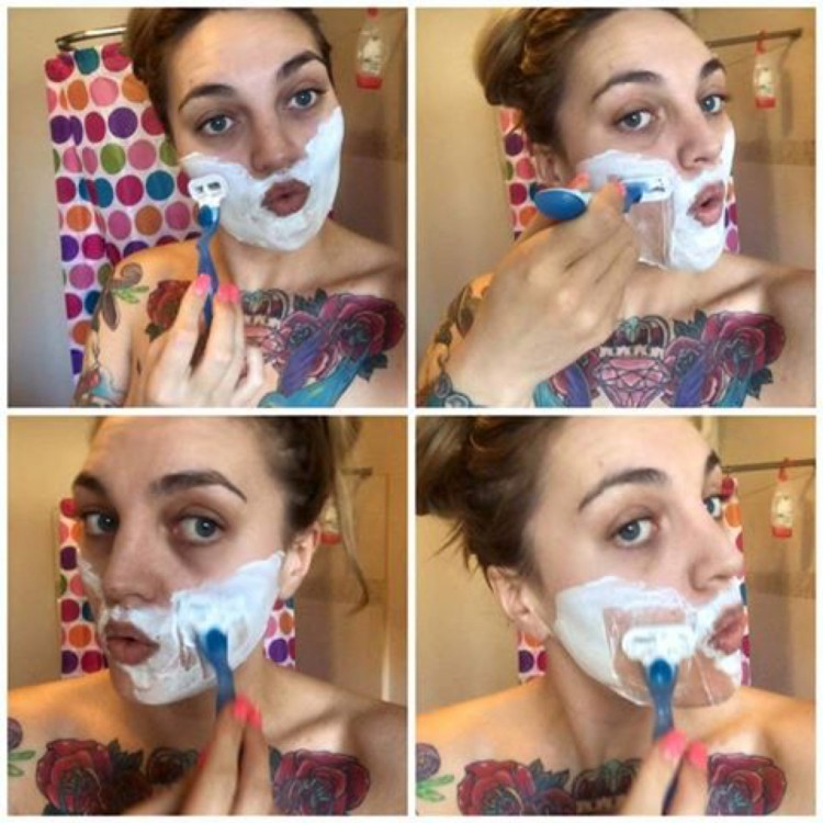Tina-Marie Beznec shaving her face.