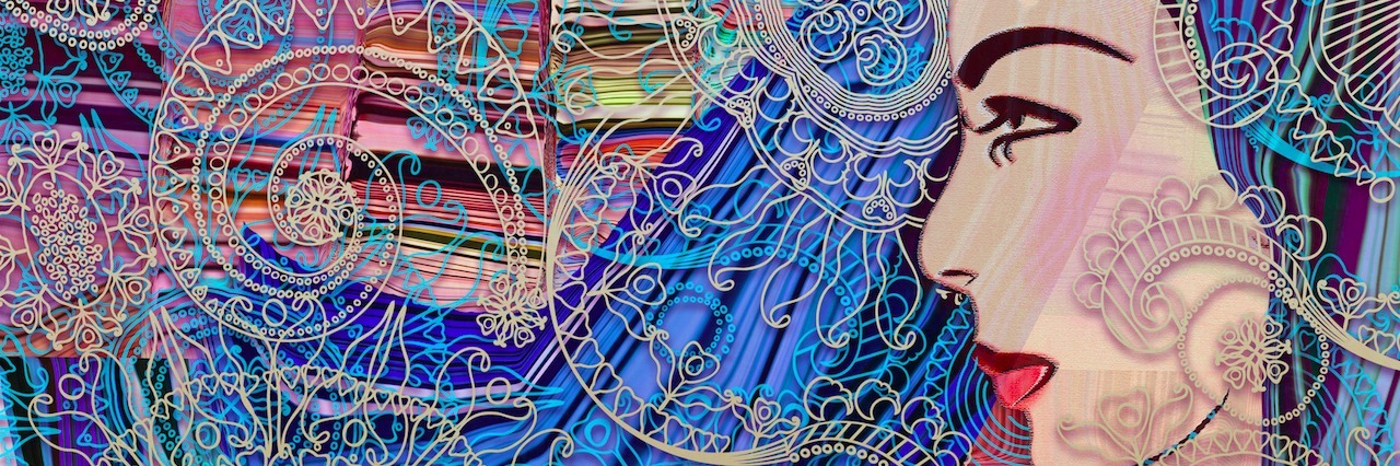 Why I Write About My Rheumatoid Arthritis and Disabling Conditions colorful textured background with woman looking over shoulder