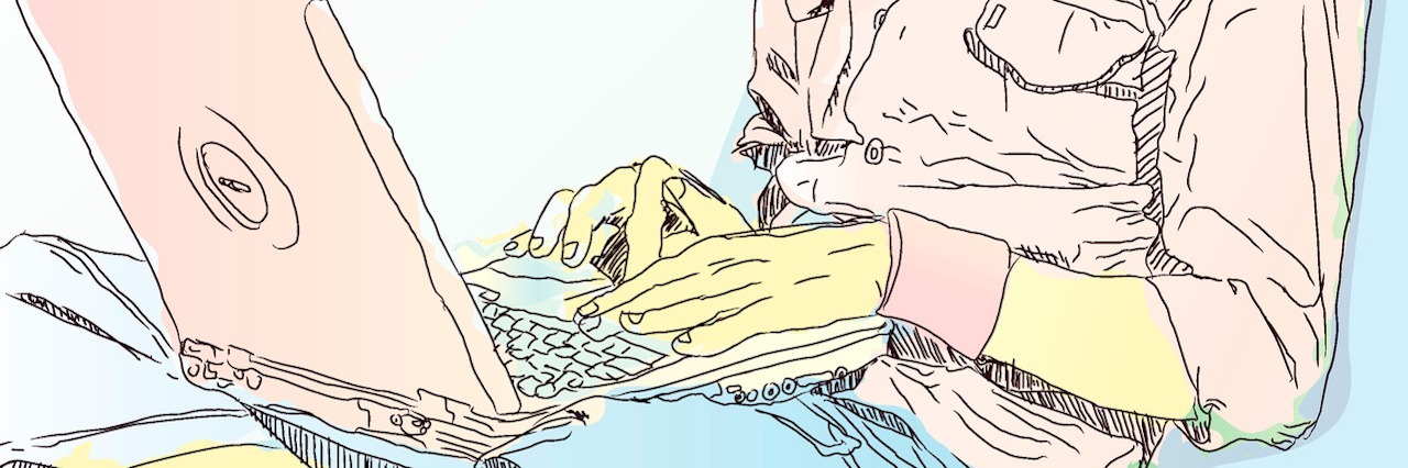 Why Facebook Makes Me Feel Bad as a Person With Chronic Illness sketch of person with laptop on crossed legs