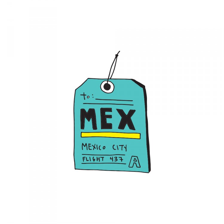 Illustration of a luggage tag that says "MEX"