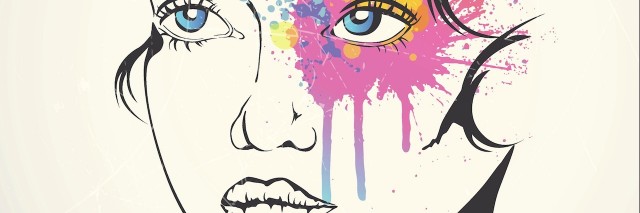 drawing of woman's face with paint splatter around eye