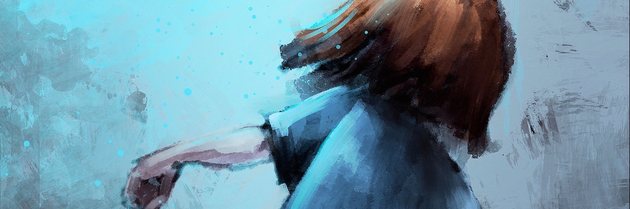 What I Do When I Think About My Eating Disorder digital painting of girl walking in the mist, oil color on canvas texture