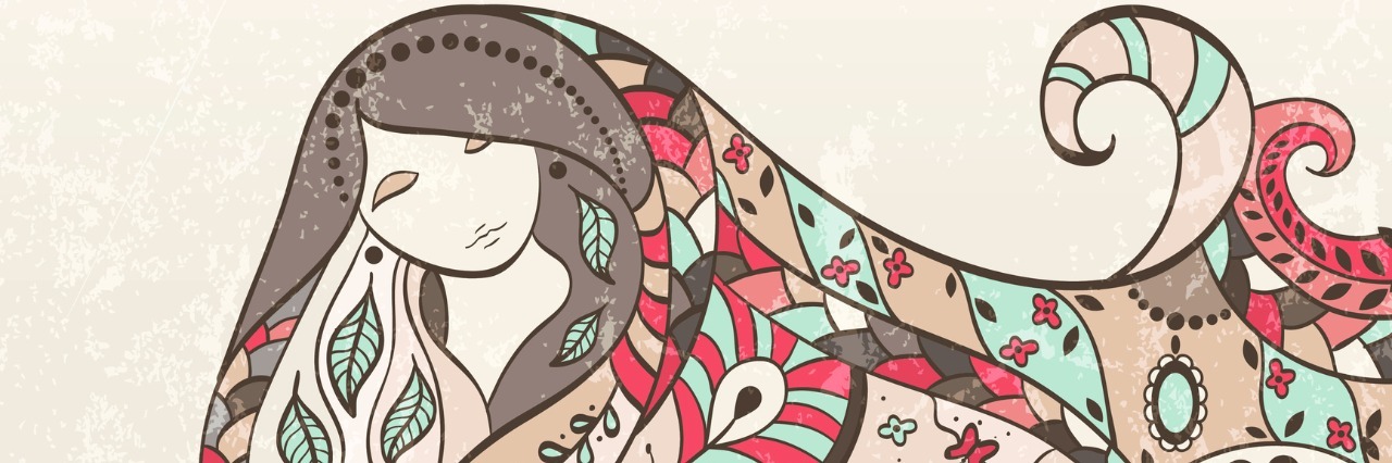 Why Having Chronic Pain and Fibromyalgia Feels Shameful sketch of woman with colorful patterned hair