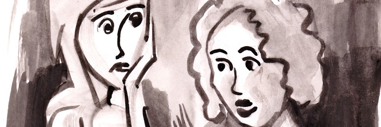 Anxiety of Talking about Your Chronic Illness with Someone New outline painting of two women talking