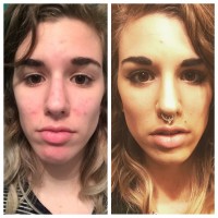 A collage of side by side images of the same woman with and without makeup