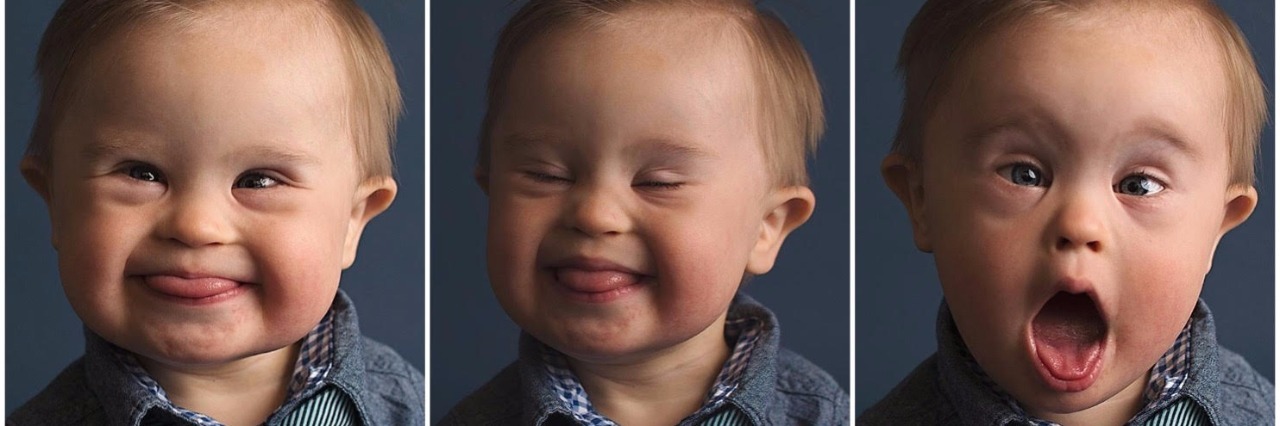 three photos of a young boy with autism smiling
