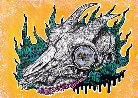 A painting of a goat skull