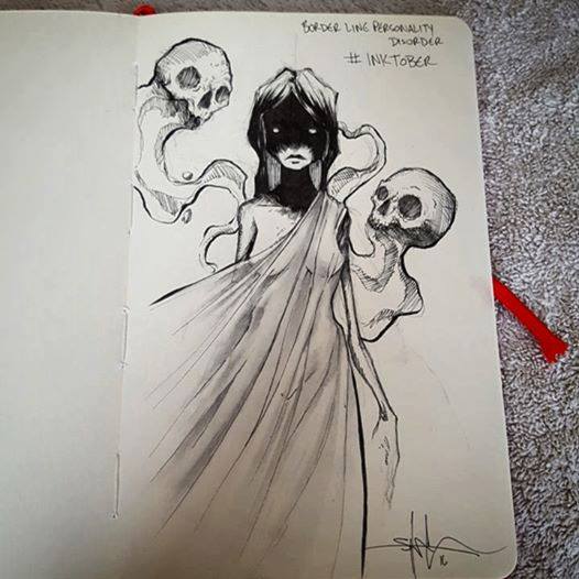 Woman with two skeleton-like ghosts floating around her