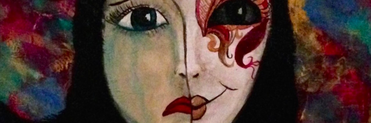 Providing the World With a Version of Me Who Looks Well painting of a woman wearing a mask