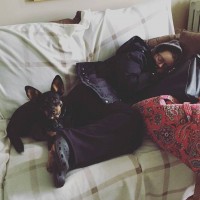 woman laying on her couch wrapped in a blanket next to her dog
