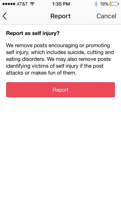 Instagram screenshot referencing Instagram's self-harm policy.