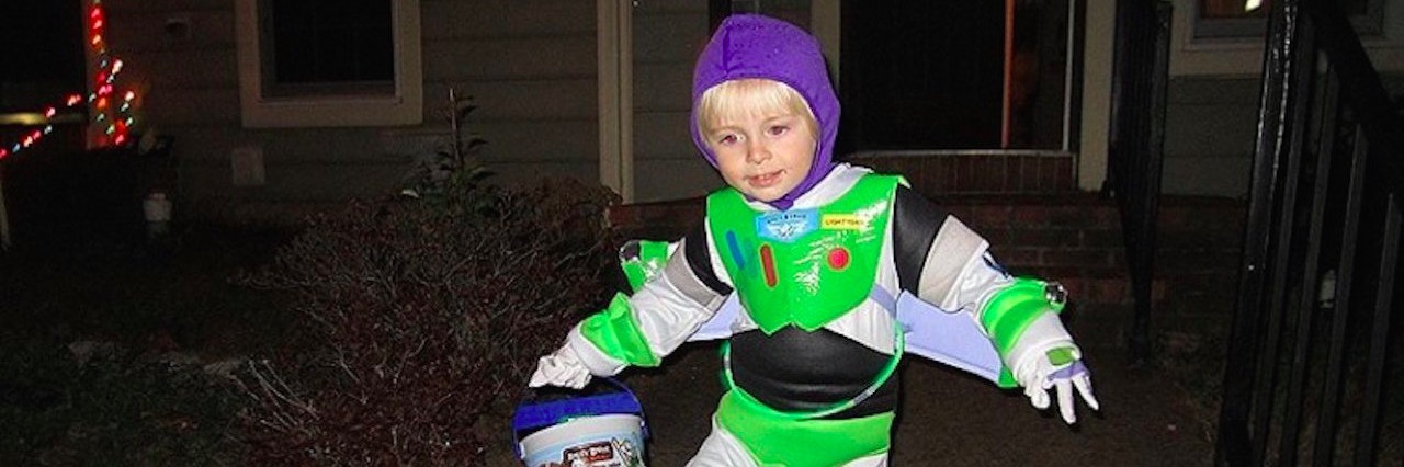Food Allergies: Displaying a Teal Pumpkin Means a Lot to Son and Me boy in Buzz Lightyear costume for Halloween