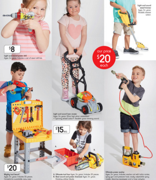 Image of a Kmart catalogue of different children playing with different toys.