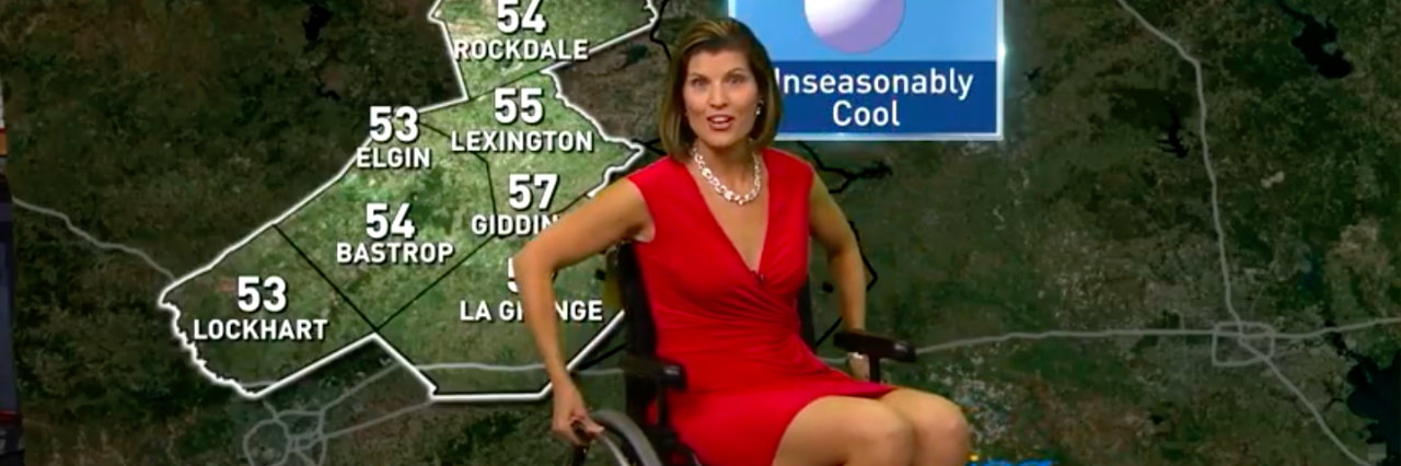 Photo of weatherwoman using a wheelchair during forecast.