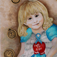 A painting of Molly as a little girl with clocks and a little heart