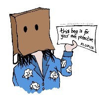 drawing of woman with bag over head holding sign that says this bag is for your own protection