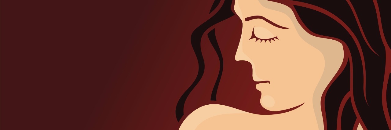 Why People Can't See My Fibromyalgia Pain woman with brown hair looking over her shoulder with red background