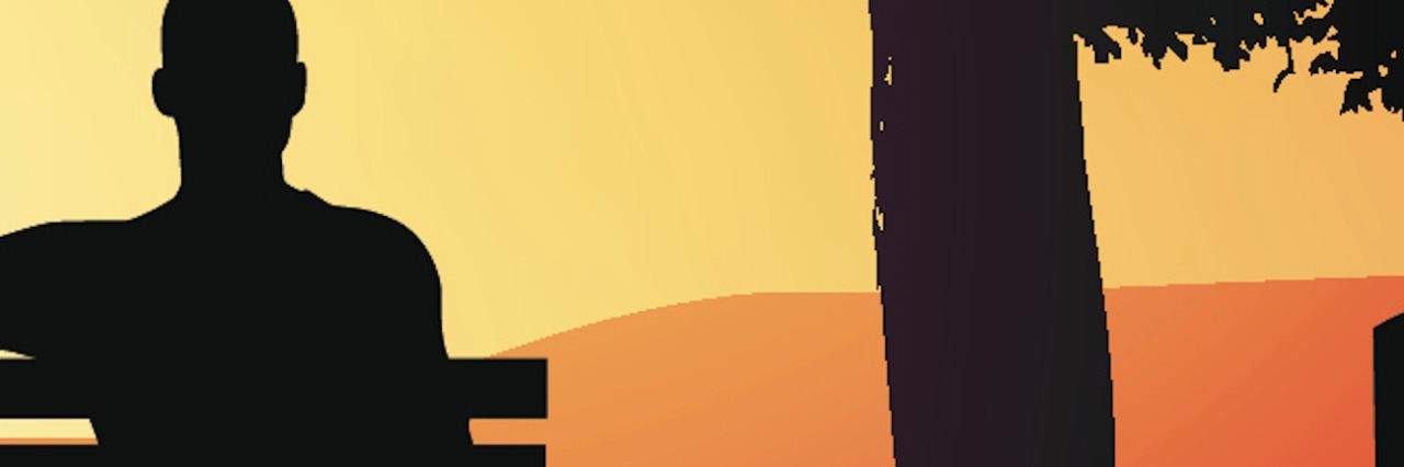 What Helps Me Focus on Self-Care During My Recovery Illustration of a man sitting on a bench in a park during sunset