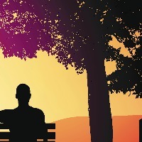 Illustration of a man sitting on a bench in a park during sunset
