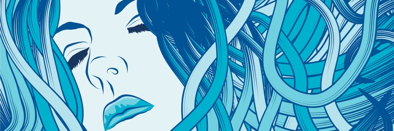 What It's Like to Watch a Loved One Struggle With a Mental Illness Woman's face with long detailed flowing blue hair