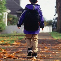 Boy walking along leaf-covered path, wearing jacket and backpack