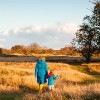 woman and boy walk hand in hand in a sunny autumn landscape
