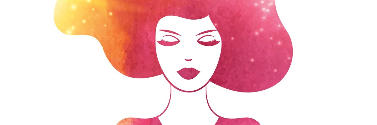 Positivity and Self-Care When Living With a Chronic Illness illustration of woman in warm colors with her hair flowing up toward the sky