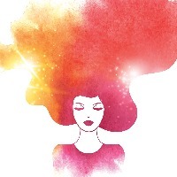 illustration of woman in warm colors with her hair flowing up toward the sky