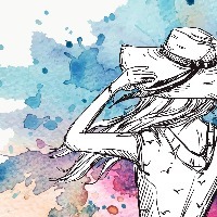 Illustration of woman holding hat on her head during a breeze