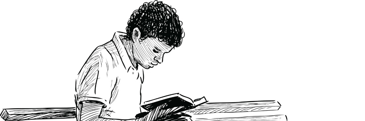 Vector sketch of a boy reading on a park bench.