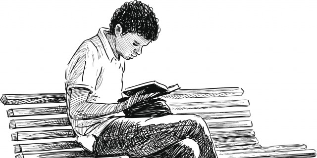 Vector sketch of a boy reading on a park bench.